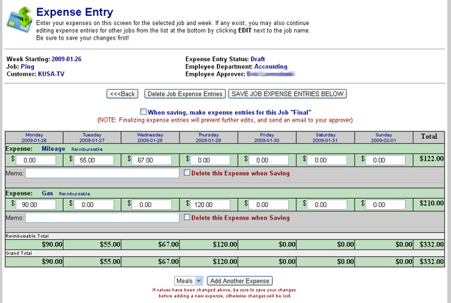 TimeDirect Expense Entry - Entering Expense Dollars